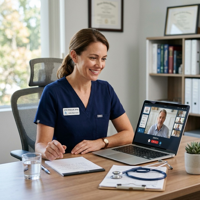 Patient using telehealth services with a Nurse Practitioner at home